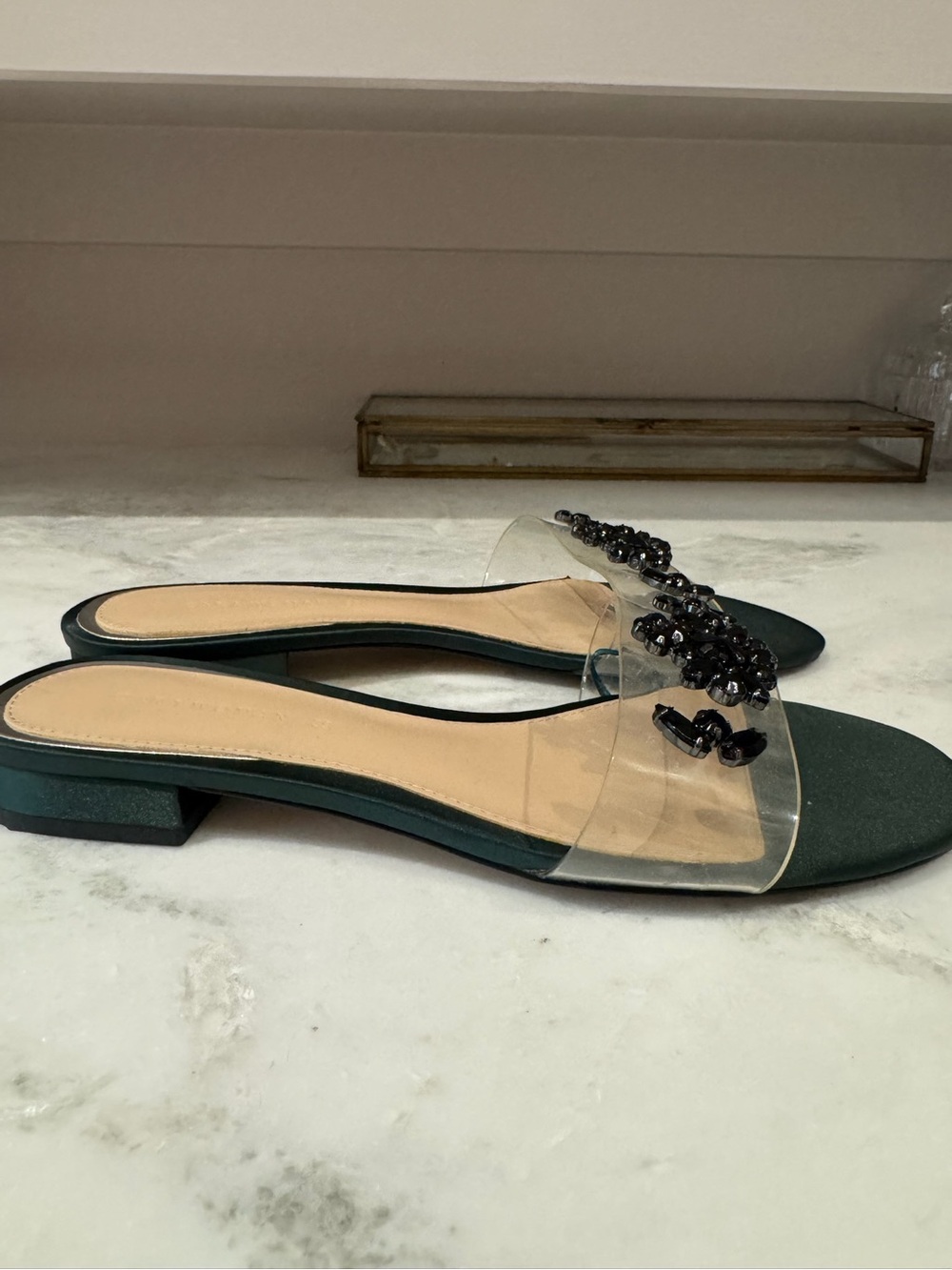 Zara Dark Green Clear Beaded Slide Mules